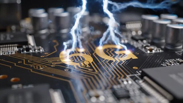 Circuit board activating with 5G label and blue electrical discharges. High-speed wireless network technology demonstration. Data transmission and connectivity concept in integrated digital systems.