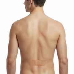 Fototapeta premium Man's back with adhesive bandage on the lower back, healing mood, neutral background copy space