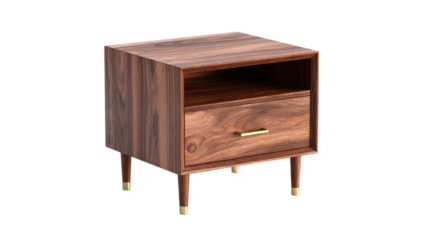 Elegant dark wood nightstand with an open shelf, single drawer, sleek brass handle, and tapered legs. Perfect for modern interiors. background removed
