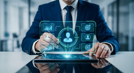 Businessman interacting with a futuristic holographic interface displaying user data and analytics