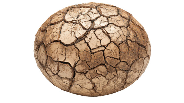 A spherical object covered in deeply cracked, dry earth on a stark transparent background, representing drought, desertification, and environmental distress. background removed