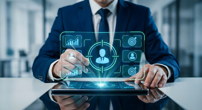 Businessman interacting with a futuristic holographic interface displaying user data and analytics