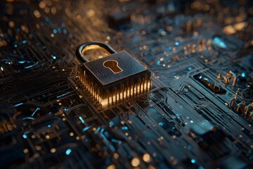 Cyber Security Concept Featuring Padlock on a Circuit Board Exploring Digital Protection and Data Encryption in the Modern Technological Landscape Emphasizing Secure Networks and Data Privacy