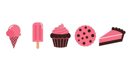 Pink and chocolate sweet dessert icon set featuring ice cream cupcake and cookie flat vector illustration