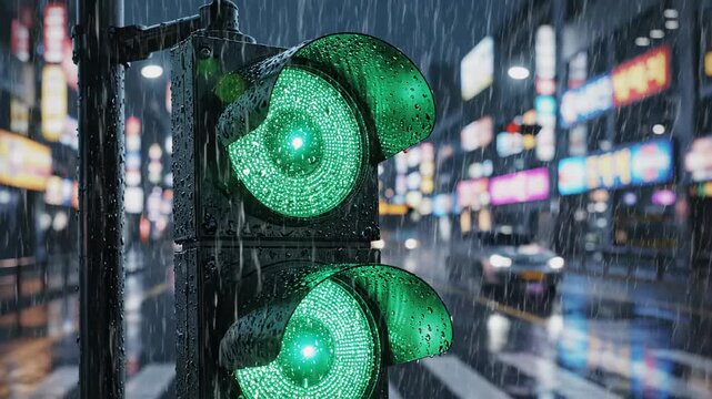 Traffic light sequence changing from red to yellow to green in rainy urban night. Smart city traffic control using AI and IoT integrated networks for efficient flow management. video footage video