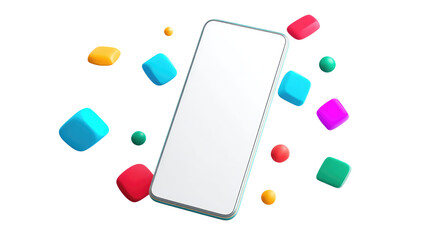 Modern smartphone with blank white screen, surrounded by vibrant 3D cubes and spheres, floating dynamically against a stark transparent background. background removed