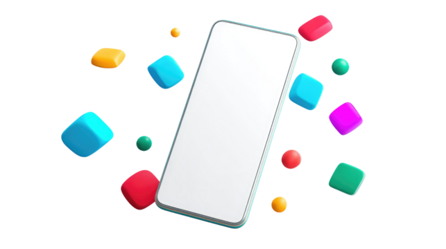 Modern smartphone with blank white screen, surrounded by vibrant 3D cubes and spheres, floating dynamically against a stark transparent background. background removed - Powered by Adobe