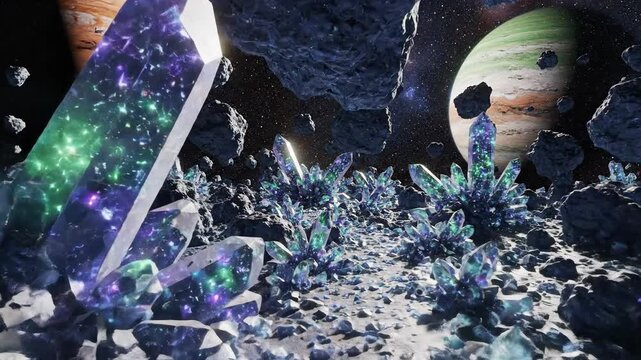 Cosmic scene featuring crystals planets and asteroids illustrative visuals