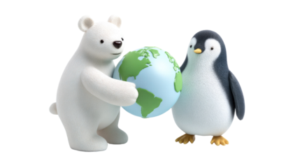 Cute polar bear and penguin gently cradle a small globe, symbolizing global warming awareness, environmental protection, and partnership to save our planet. background removed