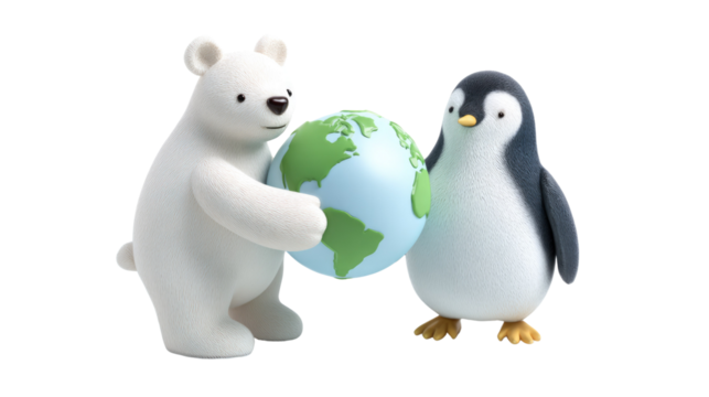 Cute polar bear and penguin gently cradle a small globe, symbolizing global warming awareness, environmental protection, and partnership to save our planet. background removed - Powered by Adobe