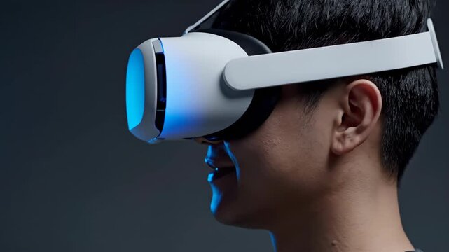Asian man donning virtual reality headset for immersion. Side profile sequence shows progression from adjustment to deep engagement in digital world. Future technology concept with connectivity for