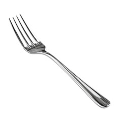 A shiny metallic dining fork with four tines, designed for eating, isolated on a stark transparent background, presented at an angle. background removed