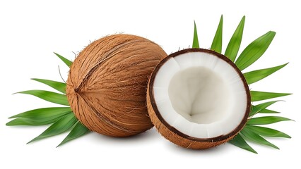Delicious whole and halved coconuts with vibrant green fronds create a tropical island vibe, perfect for healthy recipes and exotic themes, enjoy!