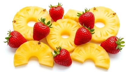 Fresh pineapple slices and vibrant strawberries create a stunning tropical fruit arrangement, perfect for healthy recipes and summer promotions