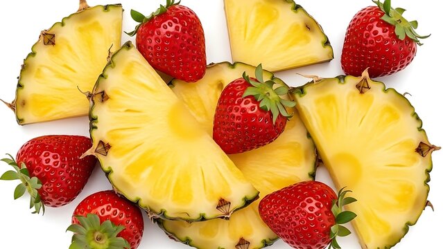 Fresh pineapple slices and bright strawberries create a vibrant fruit arrangement perfect for healthy eating promotions, summer recipes, or tropical vacation themes