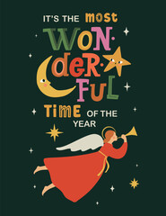 Obraz premium Christmas card, Flying Christmas Angel with Horn