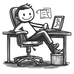Diligent Stick Figure Character Working Enthusiastically on Laptop at Desk with Documents Flying