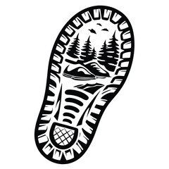 Shoe print reveals nature with trees, hills, and pair of sneakers within the outline
