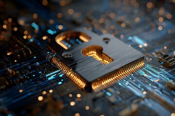 Cyber Security Concept with Padlock on Circuit Board for Data Protection and Digital Safety Measures Protecting Information Infrastructure in the Digital Age