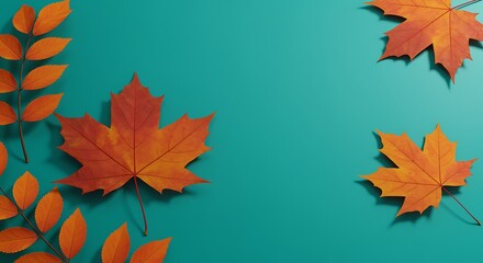 Obraz premium Autumn background with orange and red leaves on teal surface