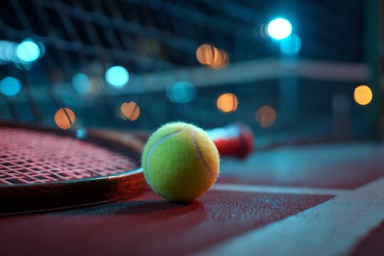 Tennis Ball on a Red Paddle Tennis Court at Night With Blurry City Lights in the Background