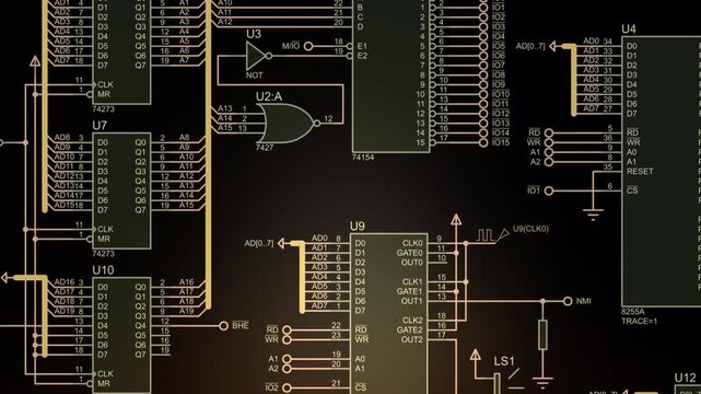 Video animation with schematic diagram of electronic device. Drawing electrical circuit with resistor, microcontroller, integrated circuit, logic element. Animated motion effect. Technic design.
