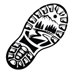Nature features inside a shoe print mountains, trees, river, and sun are visible
