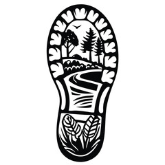 The black footprint showcases a winding road, trees, bird, and foliage, embodying nature's trail
