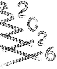 Tire tread marks forming the year 2026 and grunge abstract lines on a white background. Vector illustration