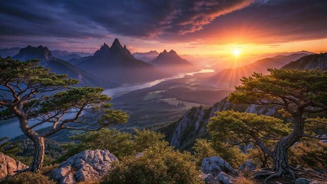 Colorful Mountain Meadow with Wildflowers Overlooking a River Valley at Sunrise