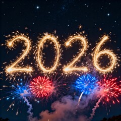 Dramatic "2026" Written with Sparklers in the Night Sky Above Exploding Fireworks