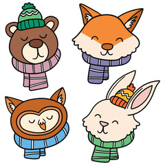 Naklejka premium Hand-drawn cartoon winter set of animals with scarves and hats on a white background. Bear, fox, owl, hare.