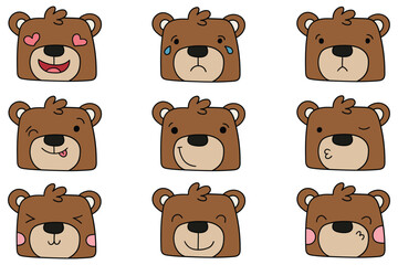 Hand-drawn cartoon set of teddy bear emojis on a white background.