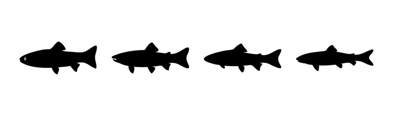 Four black fish silhouettes arranged horizontally on white