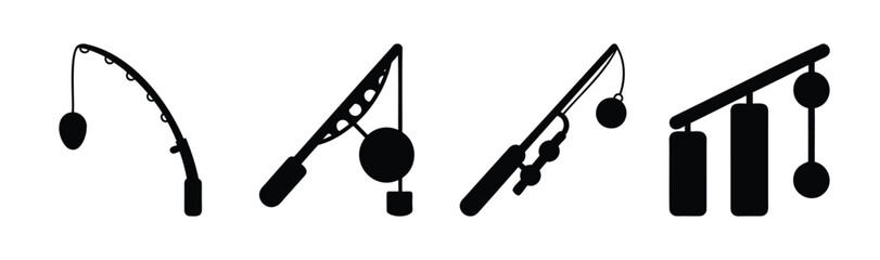 Stylized fishing rod and tackle icon set for angling sports