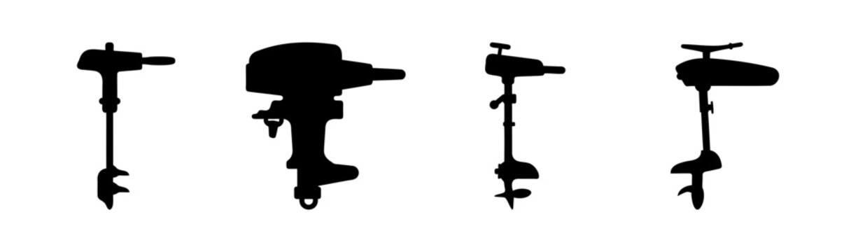 Four distinct black silhouette electric trolling boat motors
