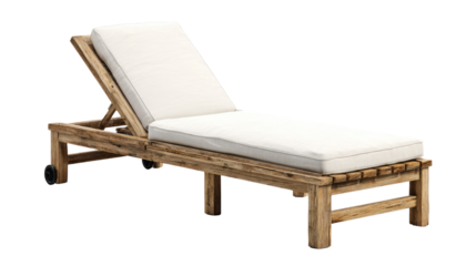 A rustic wooden chaise lounge featuring a comfortable white cushion and wheels, ideal for outdoor relaxation or poolside settings. background removed