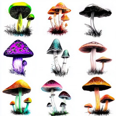 Vibrant mushroom illustrations in a grid layout showcasing various colorful species
