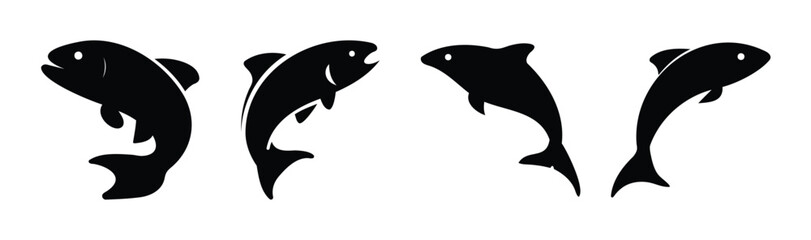 Four jumping fish silhouettes, simple modern vector icon set