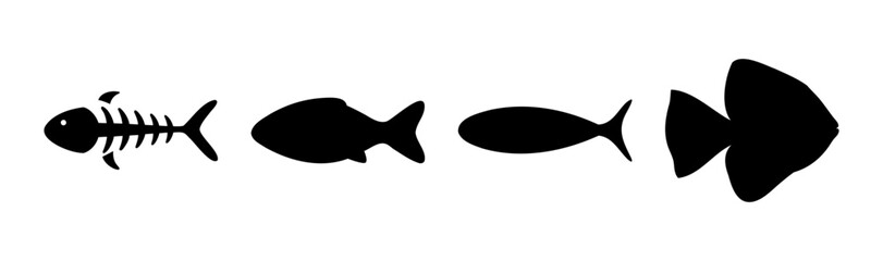 Abstract fish silhouettes: skeleton, standard, long, and wide