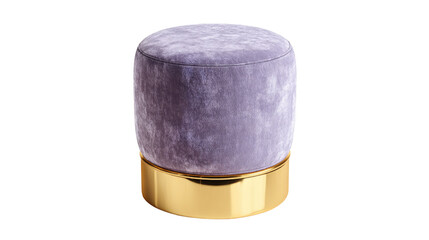 Elegant cylindrical light purple velvet ottoman with a shiny gold base, isolated on a transparent background. background removed