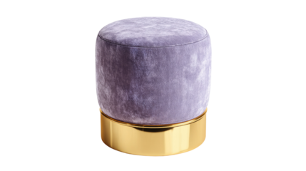 Elegant cylindrical light purple velvet ottoman with a shiny gold base, isolated on a transparent background. background removed