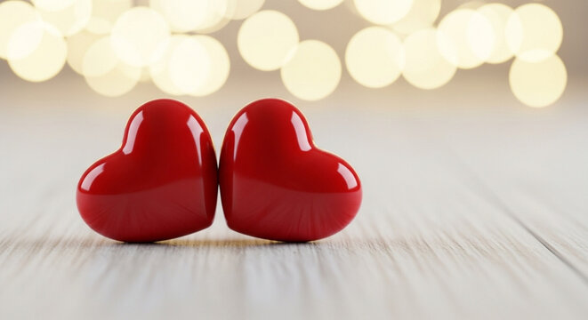 Two red hearts on a wooden surface romantic love concept for Valentines Day with bokeh lights backgr - Powered by Adobe