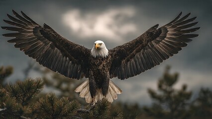 Majestic bald eagle soaring with widespread wings under a dramatic cloudy sky, symbolizing freedom and power