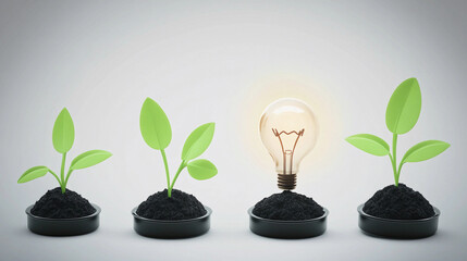 Conceptual illustration of growing plants with a light bulb symbolizing ideas and innovation