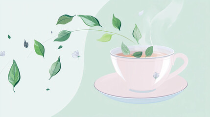 Stylized illustration of a cup of tea with floating green leaves and steam on soft background