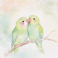 Charming watercolor illustration of two lovebirds cuddling on a branch