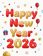 Playful Bubble Font "Happy New Year 2026" with Gold Glitter and Red Balloons on White Background