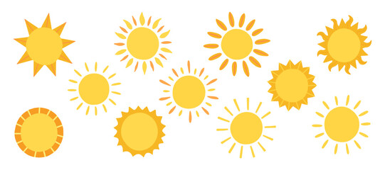 Sun Illustration Set With Multiple Hand Drawn Yellow Suns And Different Ray Styles. Summer, Warmth And Seasonal Design Themes