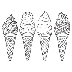 Various outlined ice cream cones stand in a neat row over a white space